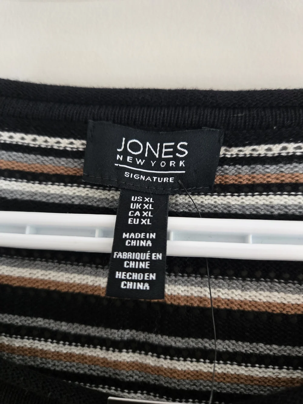 Jones New York Striped Long Sleeve Knit Crew Neck Sweater in Black, White, Tan - Picture 6 of 8